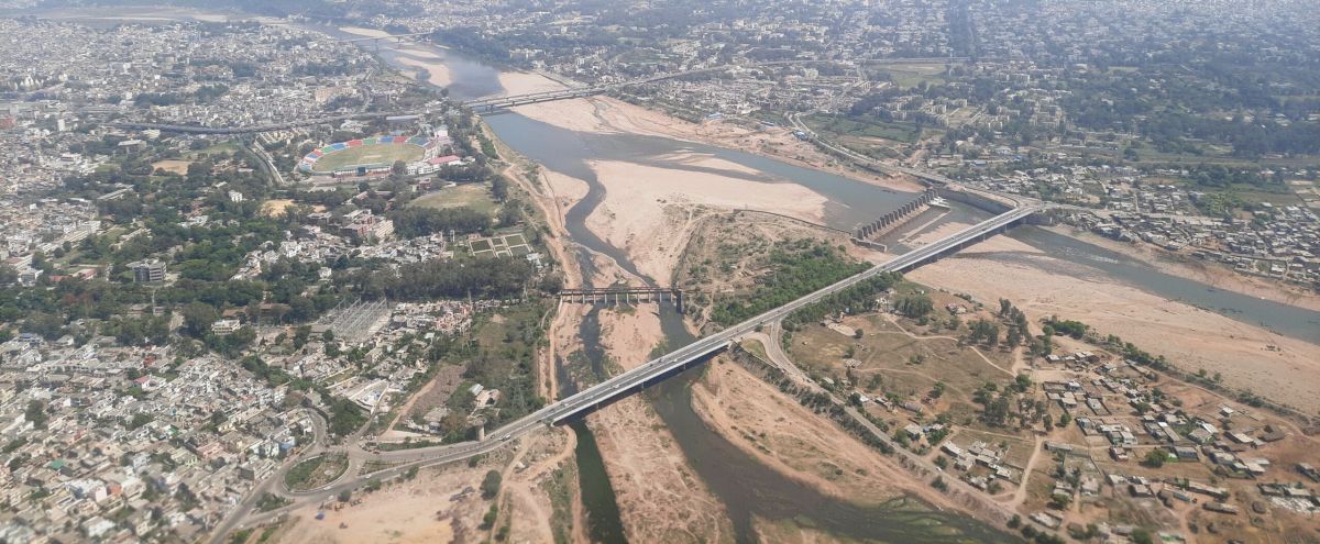 Panoramic aerial view of Jammu and the bridges over the Tawi river