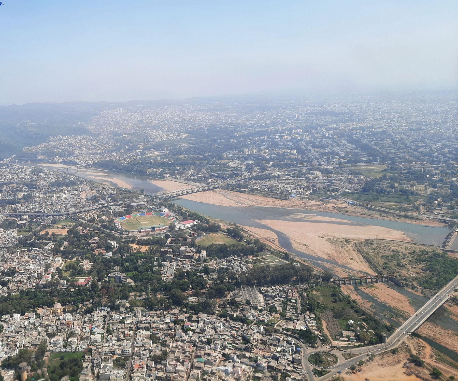 Aerial view of Jammu city and the Tawi river in Jammu & Kashmir, India