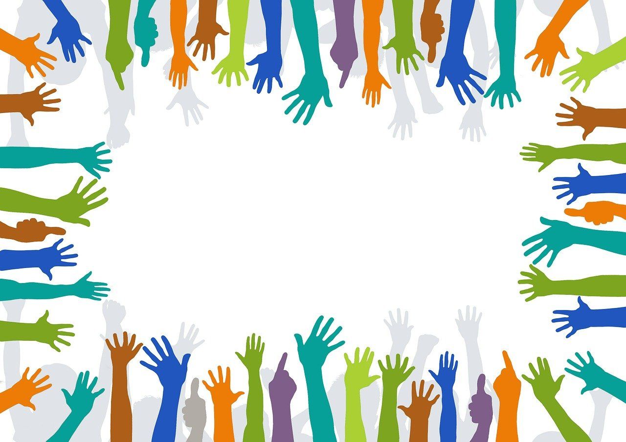 Illustration of many raised hands, representing volunteering with the JDGD Saraf Trust